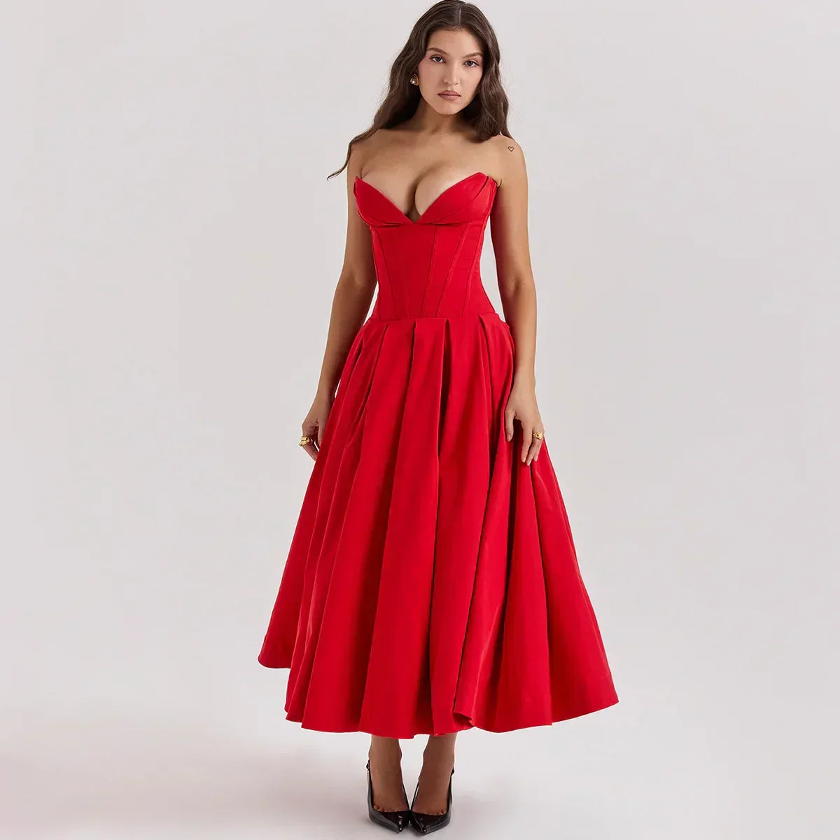 Corset Deep V-Neck Strapless A-Line Midi Dress - View 7