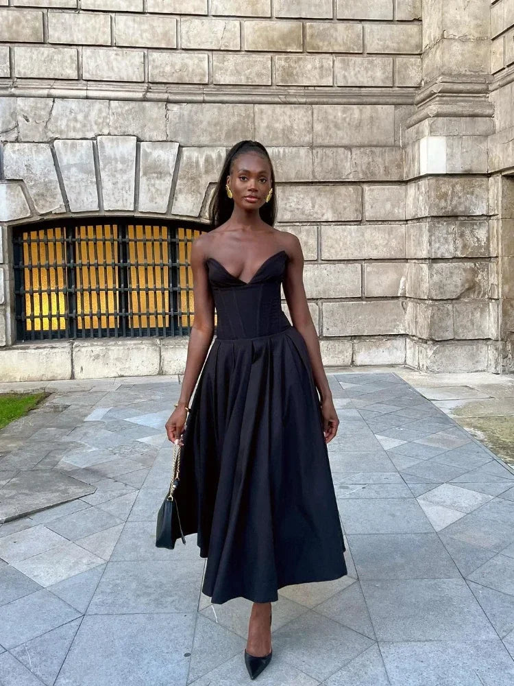 Corset Deep V-Neck Strapless A-Line Midi Dress - View 2