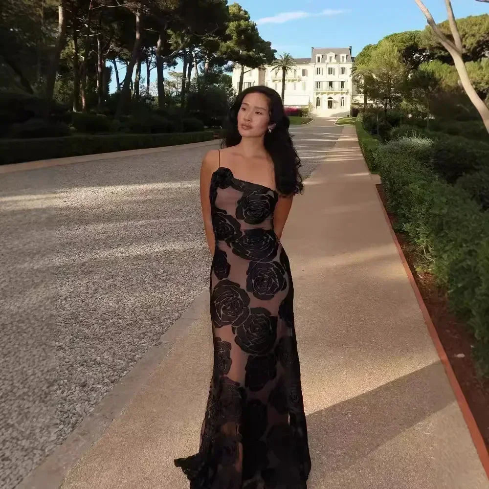 Floral Burnout One Shoulder Sheer Maxi Gown 2