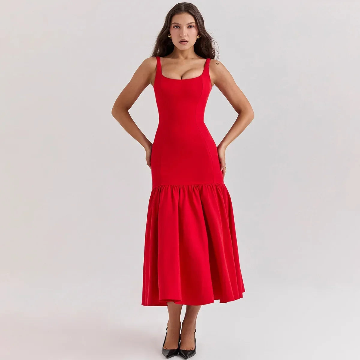 Red Spaghetti Strap Midi Holiday Dress - Casual Birthday & Christmas Party Dress - Fashionpara