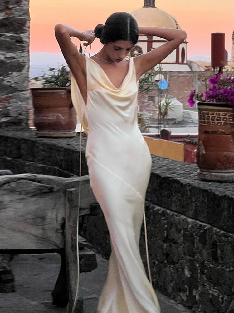 Sunny Evening Spaghetti Strap Backless Satin Maxi Dress - View 5