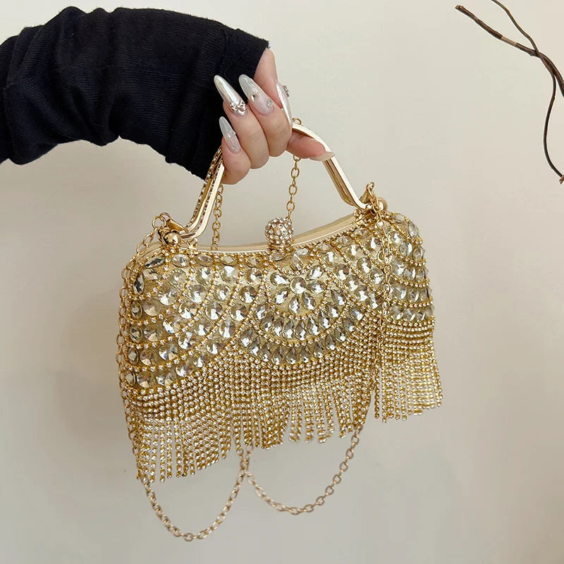 Exquisite Diamonds Gold Silver Hasp Chain Clutch Bag