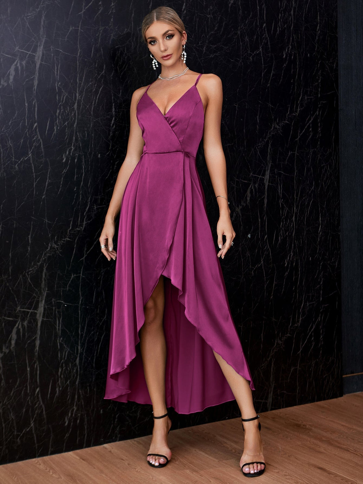 KittenAlarm - Surplice Front Crisscross Back Satin Tulip Hem Dress