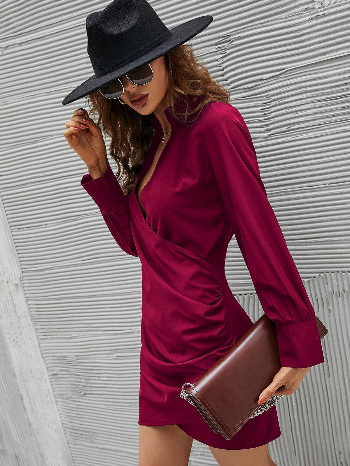Satin Collared Plunge V-Neck Long Sleeve Ruched Bodycon Mini Dress
