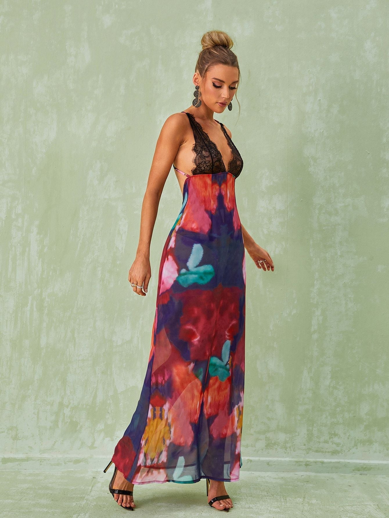 Svea Lace Floral Printed Maxi Dress In Red