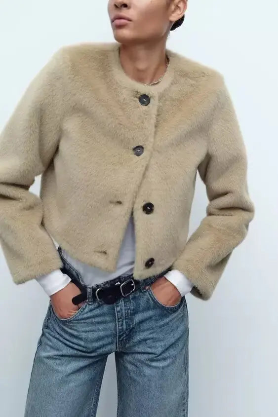 Artificial Fur Short Jacket Knit Cardigan