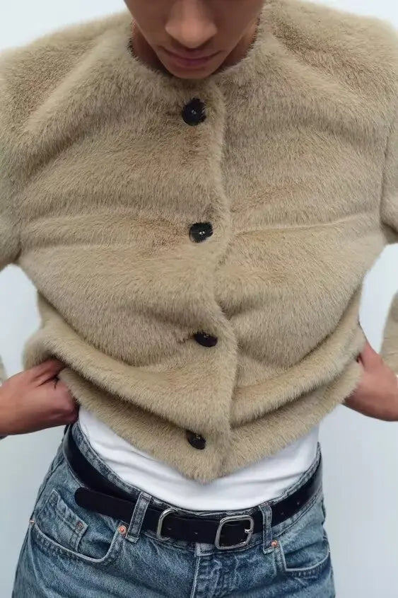 Artificial Fur Short Jacket Knit Cardigan