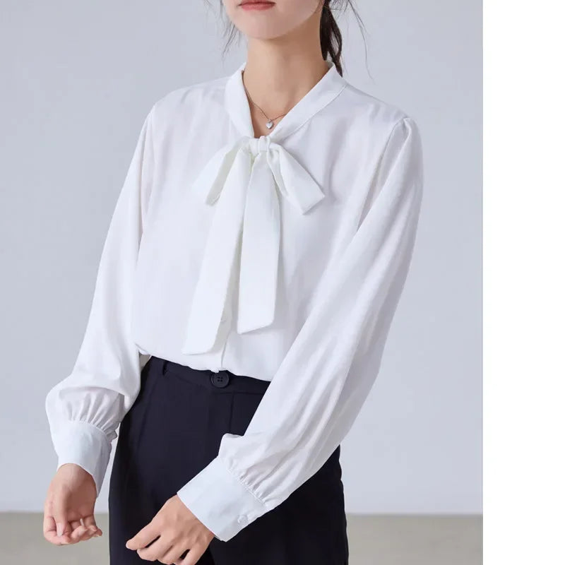 Bow Champagne Satin Long Sleeve Office Lady Blouse