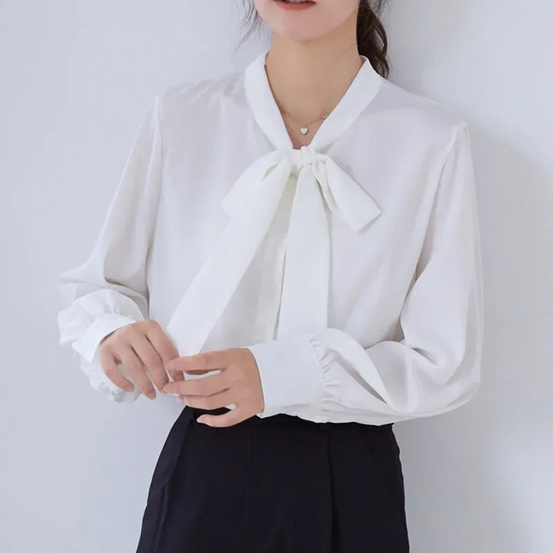Bow Champagne Satin Long Sleeve Office Lady Blouse