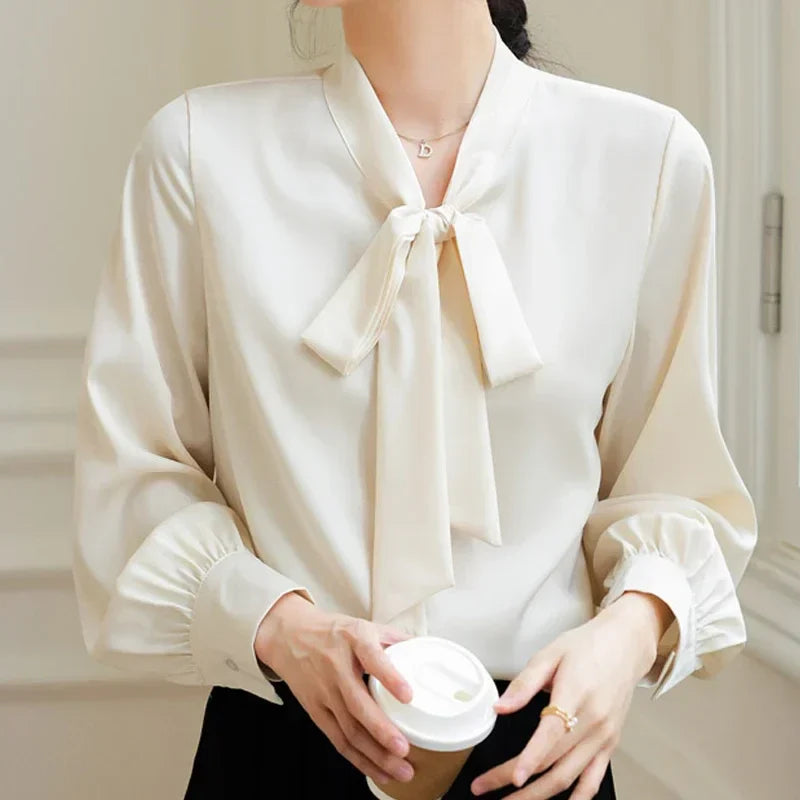 Bow Champagne Satin Long Sleeve Office Lady Blouse