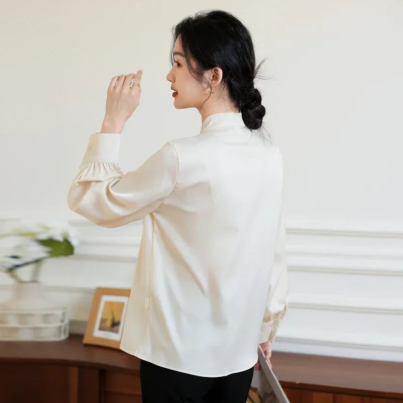 Bow Champagne Satin Long Sleeve Office Lady Blouse