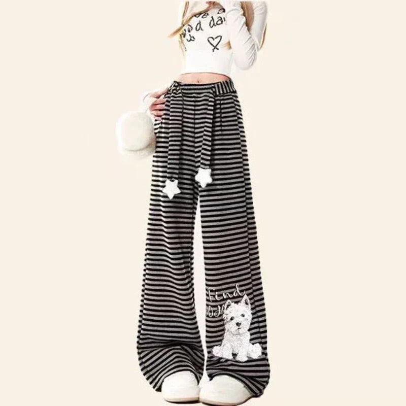 Dog Print Striped Fleece Casual Pants