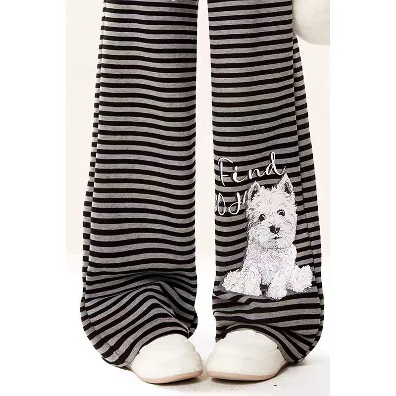 Dog Print Striped Fleece Casual Pants