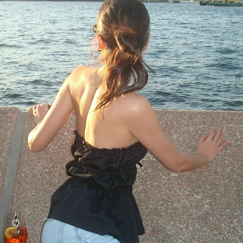 Sweet Ruched Tie Up Off Shoulder Sleeveless Slim Fit Y2K Strapless Crop Top