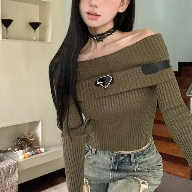 Sweet Off Shoulder Ribbed Crop Long Sleeve Slim Fit Knit Top - Fashionpara