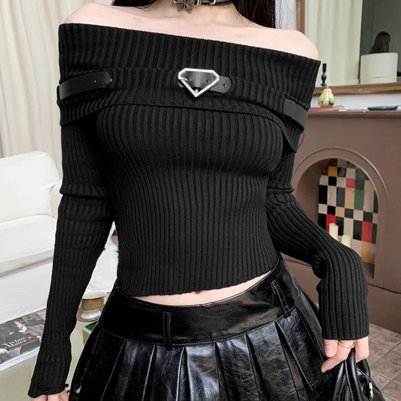 Sweet Off Shoulder Ribbed Crop Long Sleeve Slim Fit Knit Top - Fashionpara