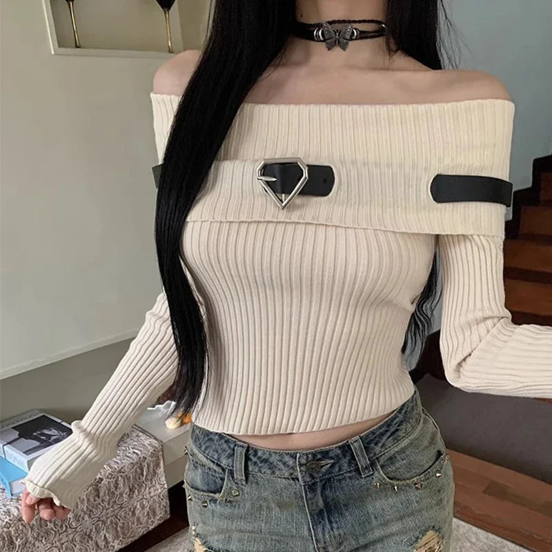 Sweet Off Shoulder Ribbed Crop Long Sleeve Slim Fit Knit Top - Fashionpara