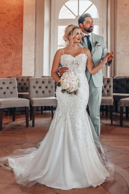 Mermaid Sweetheart Charming Tulle Spaghetti Straps Wedding Dresses with Appliques - Fashionpara