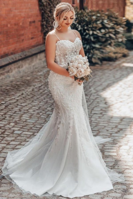 Mermaid Sweetheart Charming Tulle Spaghetti Straps Wedding Dresses with Appliques - Fashionpara