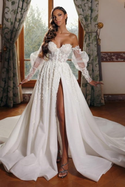 UniqueSweetheart High Neck Bubble Sleeves Princess Wedding Dress - Fashionpara