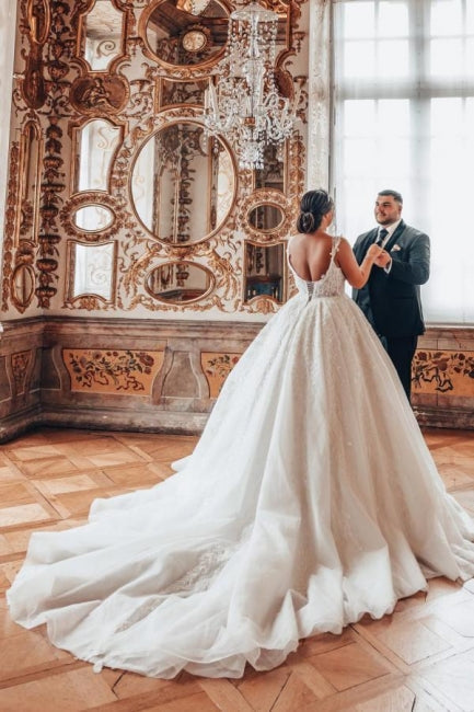 Luxury Sweetheart Ball Gown Straps Stain Wedding Dress with Appliques - Fashionpara