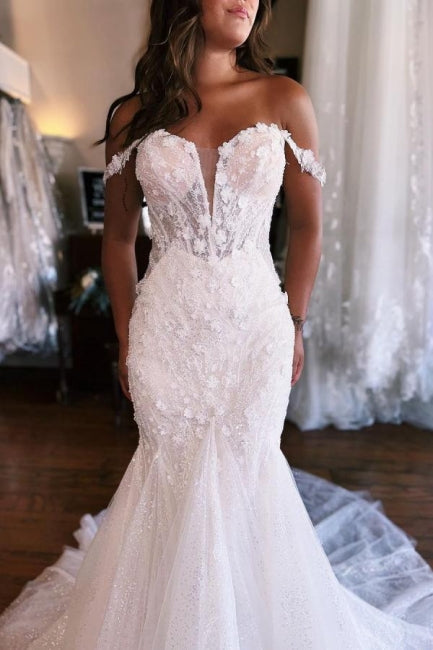 Mermaid Sweetheart White Floor-Length Wedding Dress with Lace - Fashionpara