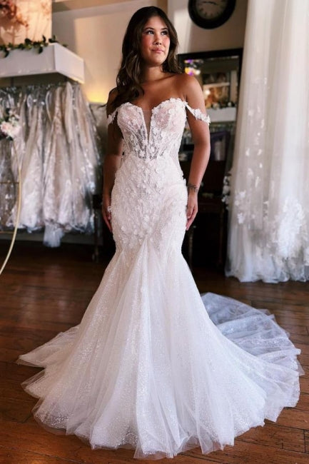 Mermaid Sweetheart White Floor-Length Wedding Dress with Lace - Fashionpara