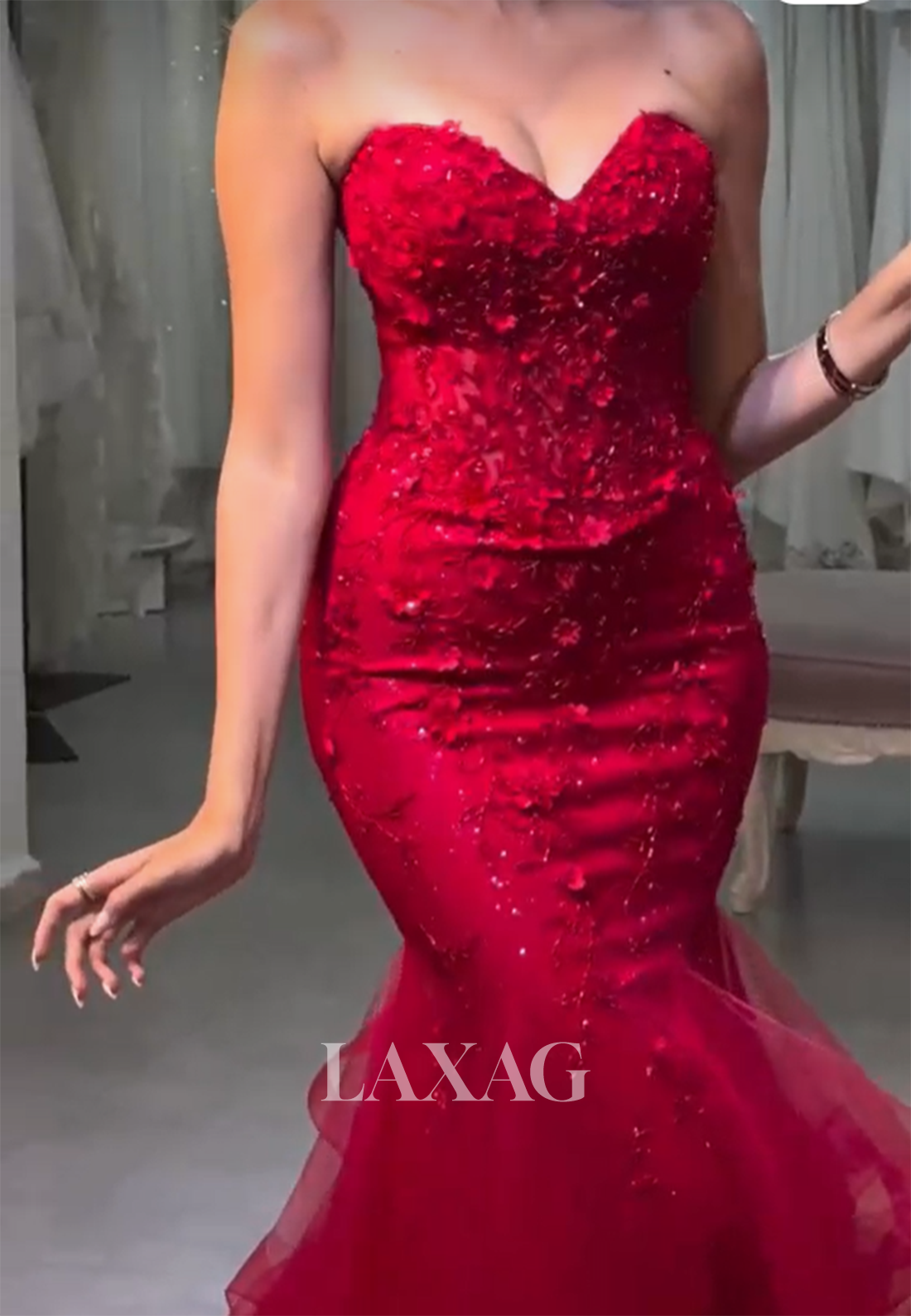 Sweetheart Appliques Tulle Mermaid Prom Dress Off-Shoulder Sleeveless Party Gowns