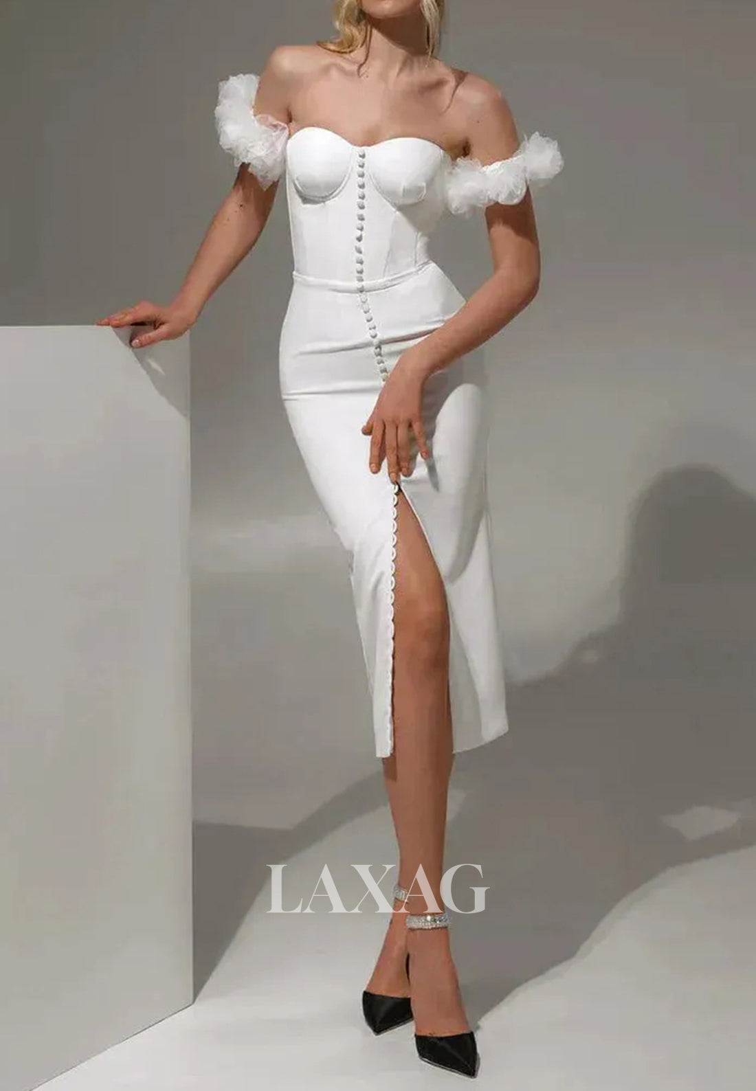 Sweetheart Sleeveless Mermaid Wedding Dress Off-Shoulder Satin Tea-Length Slit Bride Gowns