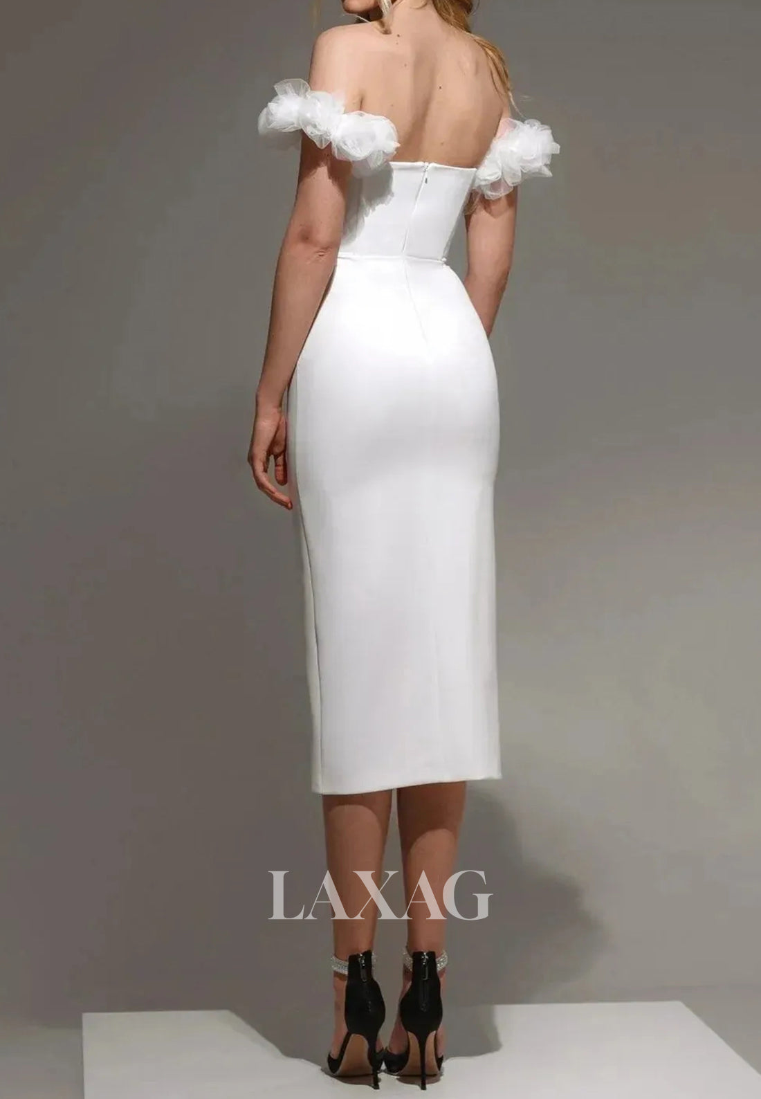 Sweetheart Sleeveless Mermaid Wedding Dress Off-Shoulder Satin Tea-Length Slit Bride Gowns