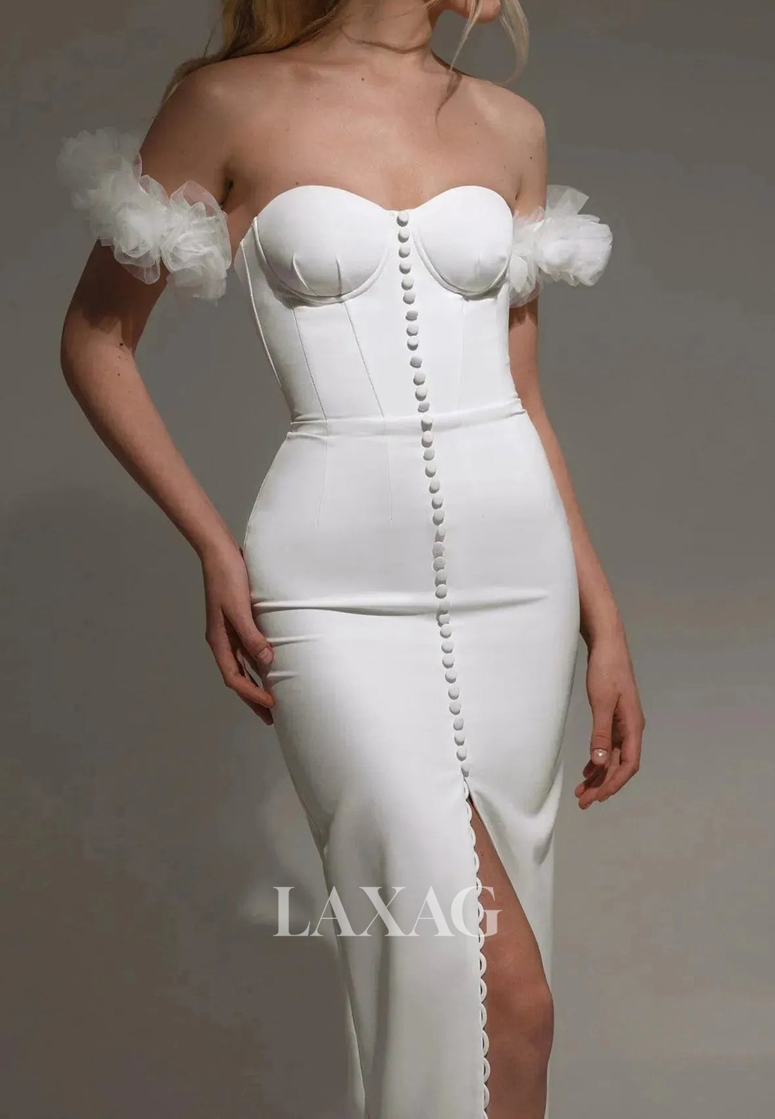 Sweetheart Sleeveless Mermaid Wedding Dress Off-Shoulder Satin Tea-Length Slit Bride Gowns