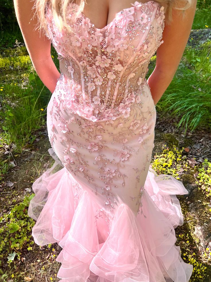 Pretty Strapless Pink Tulle Appliques Beaded Mermaid Party Dress Long Evening Gown D1576
