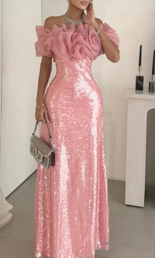 Shiny Off The Shoulder Sequin Mermaid Evening Dress Pink Long Party Gown D1231