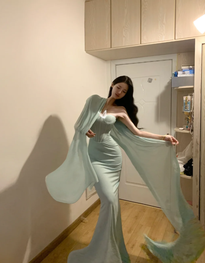 Classy Strapless Light Green Satin Mermaid Party Dress Long Evening Gown D839