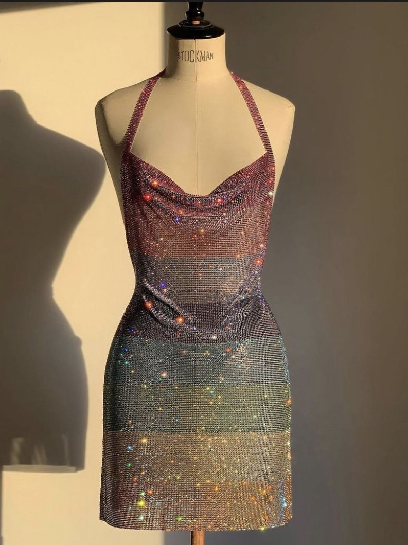 Gorgeous Sequin Halter Sheath Cocktail Dress Short Party Dress D431
