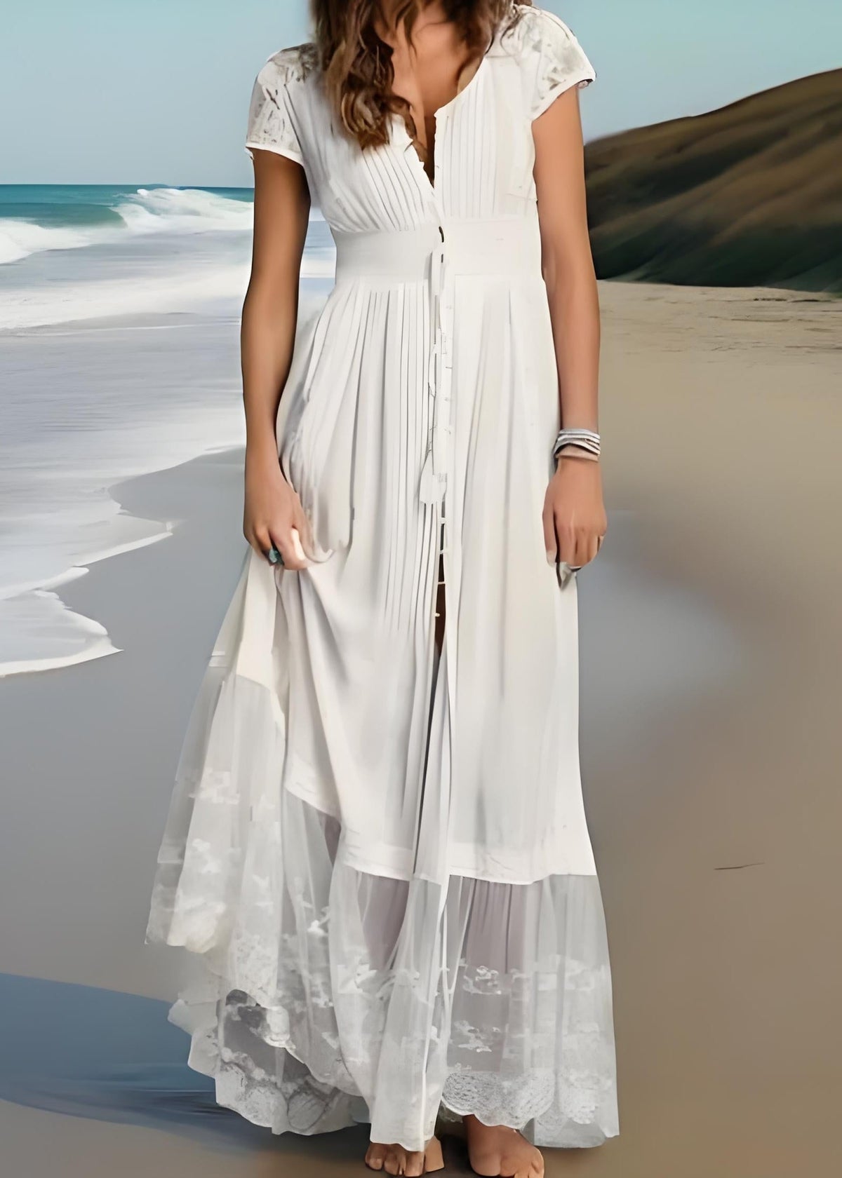 Lace Splicing Fringe Pleated Maxi Dress Short Sleeve