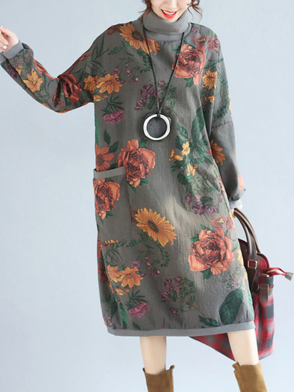 Floral Print High Collar Pocket Sweater Dress - Fashionpara
