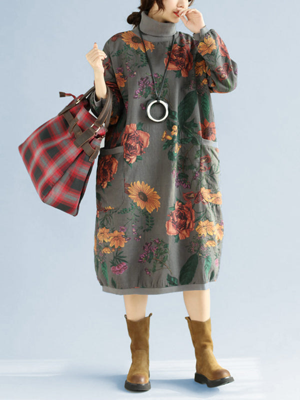 Floral Print High Collar Pocket Sweater Dress - Fashionpara