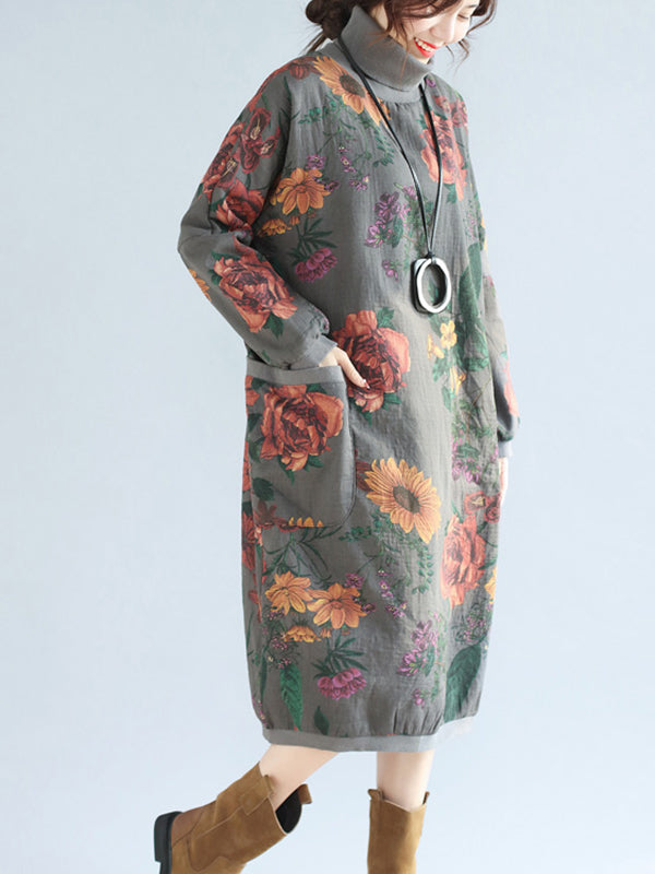 Floral Print High Collar Pocket Sweater Dress - Fashionpara