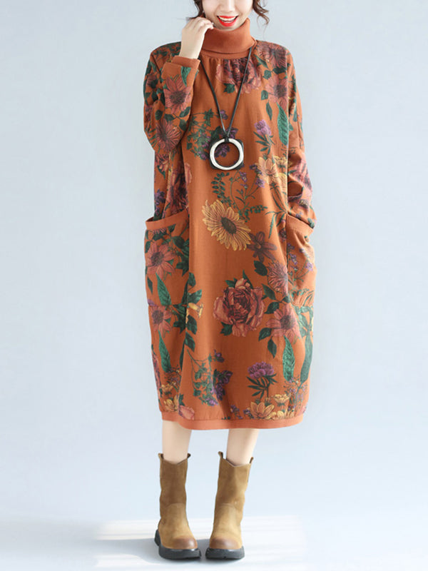 Floral Print High Collar Pocket Sweater Dress - Fashionpara