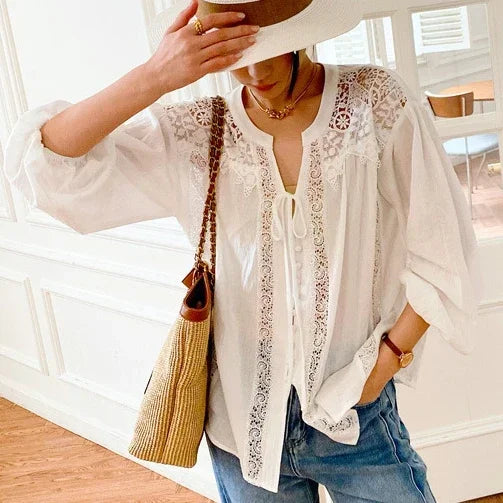 Cotton Floral Embroidery White Lace V-Neck Boho Blouse