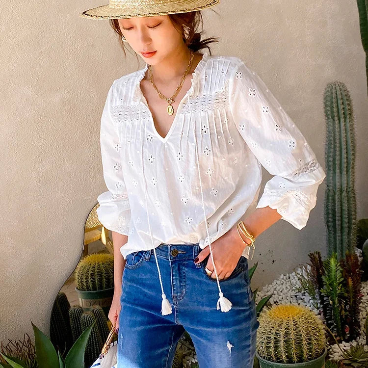 Cotton Floral Embroidery White Lace V-Neck Boho Blouse