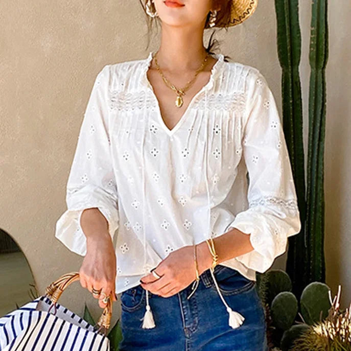 Cotton Floral Embroidery White Lace V-Neck Boho Blouse