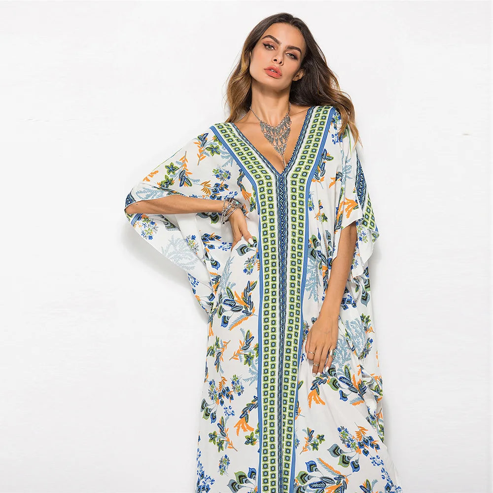 Cotton Rayon Floral Print Maxi Boho Cover up