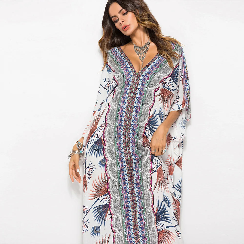 Cotton Rayon Floral Print Maxi Boho Cover up