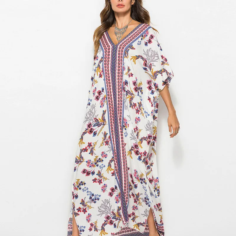 Cotton Rayon Floral Print Maxi Boho Cover up