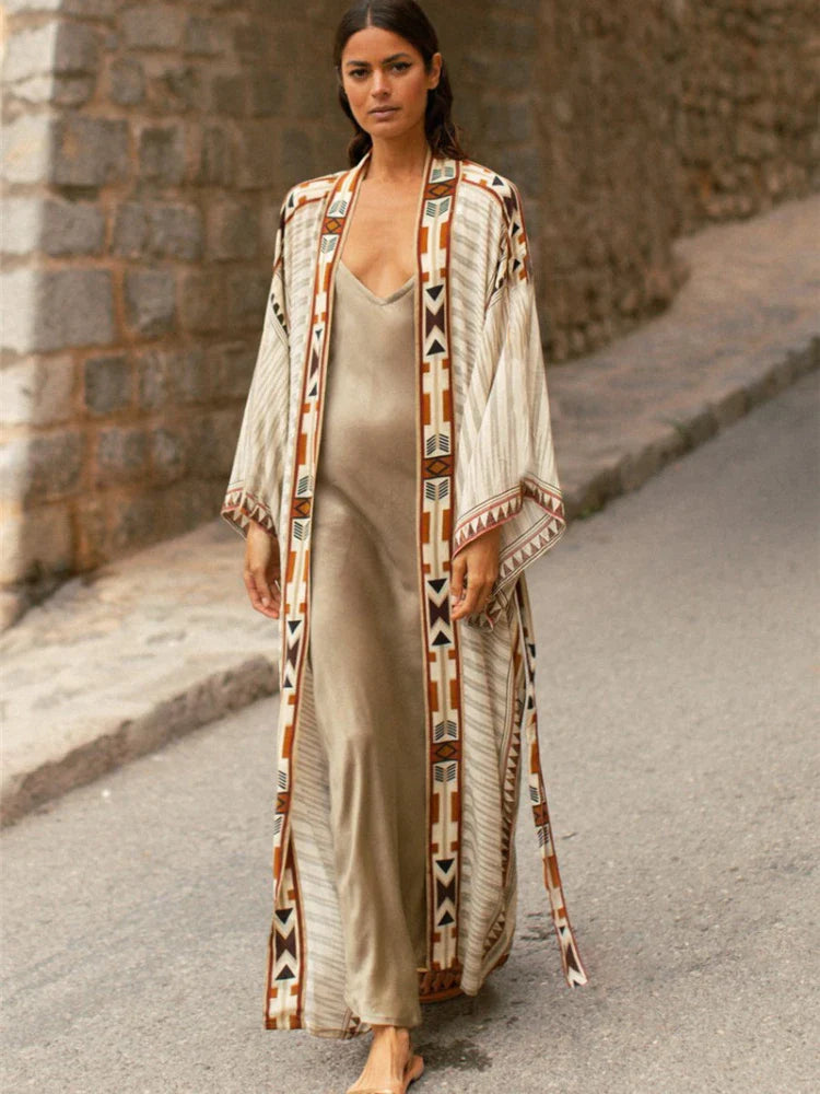 Elegant Cotton Ethnic Print Kimono Cardigan for Beach Days