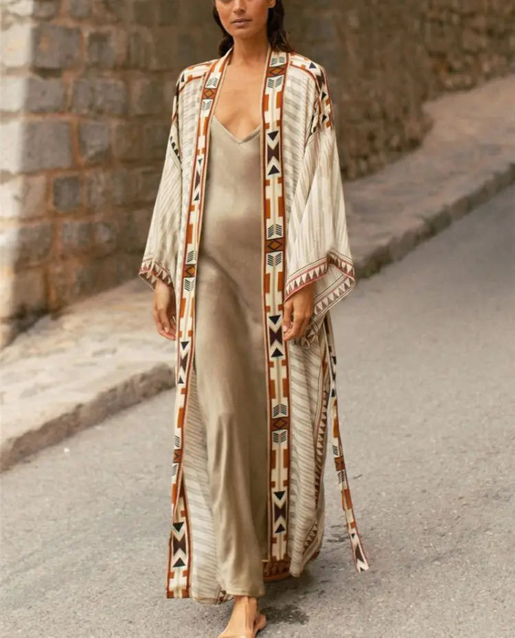 Elegant Cotton Ethnic Print Kimono Cardigan for Beach Days