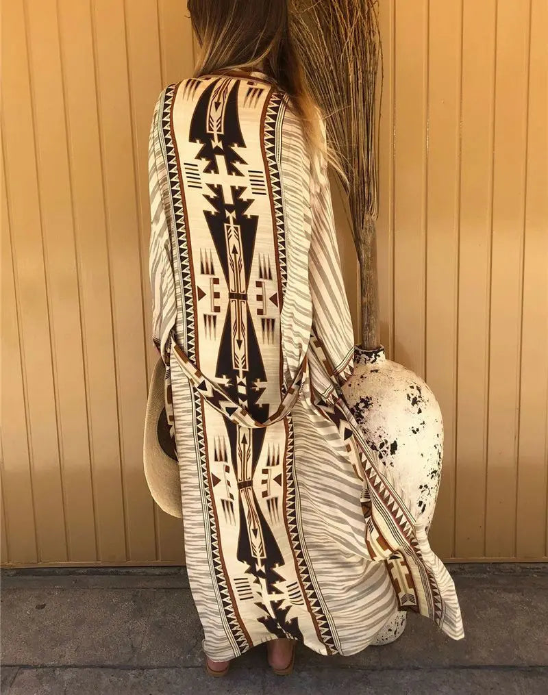 Elegant Cotton Ethnic Print Kimono Cardigan for Beach Days