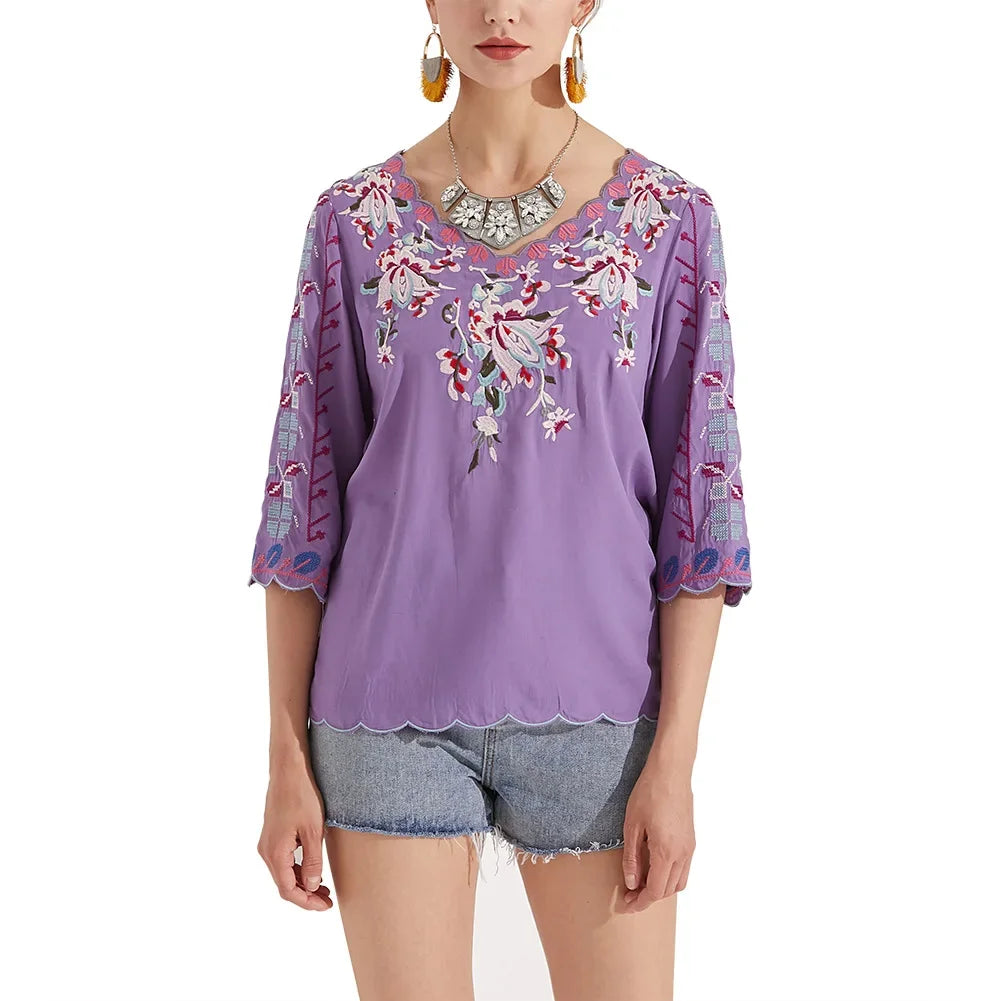 V-Neck Loose Casual Cotton Floral Embroidery Boho Blouse